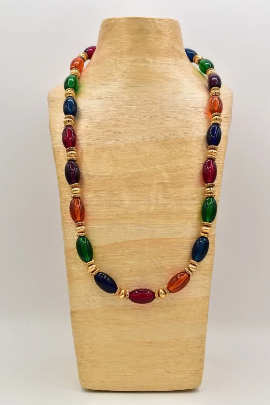 Vintage Beaded Necklace Jelly Belly Thick Lucite Gold Tone Chunky 1980s Bin3B